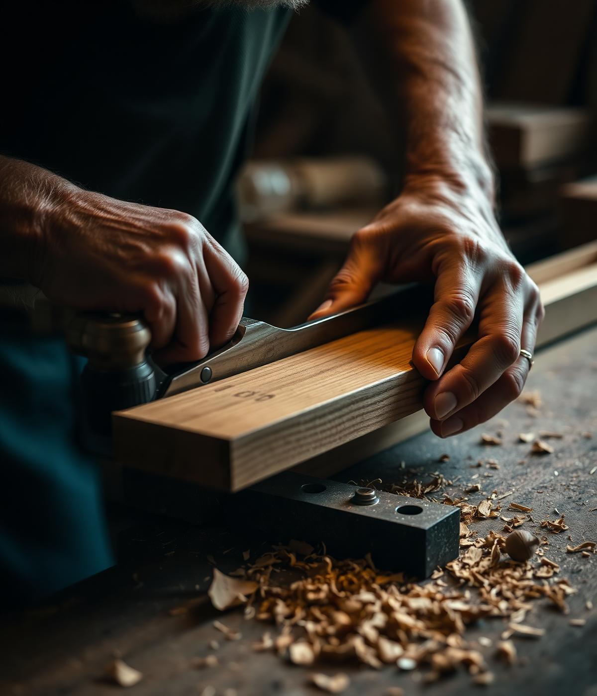 A craftsman planing a length of hardwood in the Meeks workshop